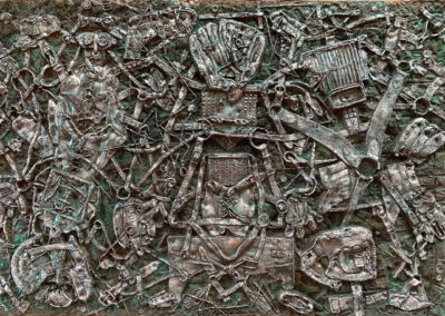 EKATERINA KHROMIN – PEWTER MOODS, 2020, heat pressured medium, metallic paint, sculpted surface, canvas, 48 x 72”